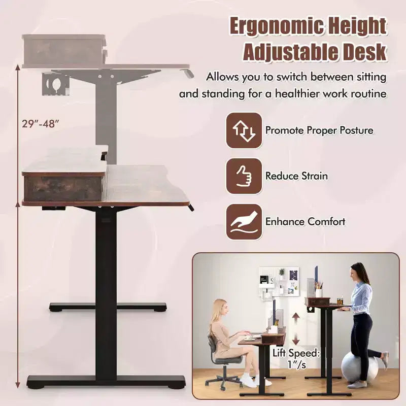 Costway 48x 24 Electric Standing Desk with 2 Drawers Monitor Stand Storage Shelf Brown/Black/White