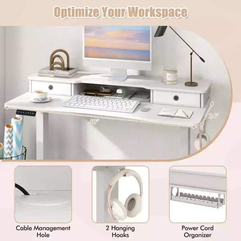 Costway 48x 24 Electric Standing Desk with 2 Drawers Monitor Stand Storage Shelf Brown/Black/White