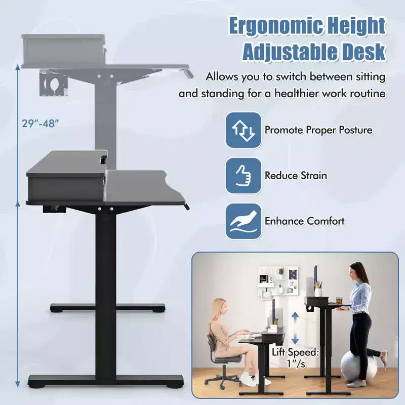 Costway 48x 24 Electric Standing Desk with 2 Drawers Monitor Stand Storage Shelf Brown/Black/White