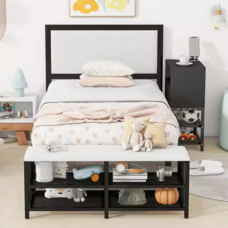 Twin-Size Metal Platform Bed with Dual-Level Storage Shelves and Wooden Storage Cabinet