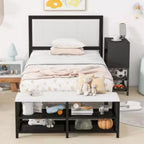 Twin-Size Metal Platform Bed with Dual-Level Storage Shelves and Wooden Storage Cabinet
