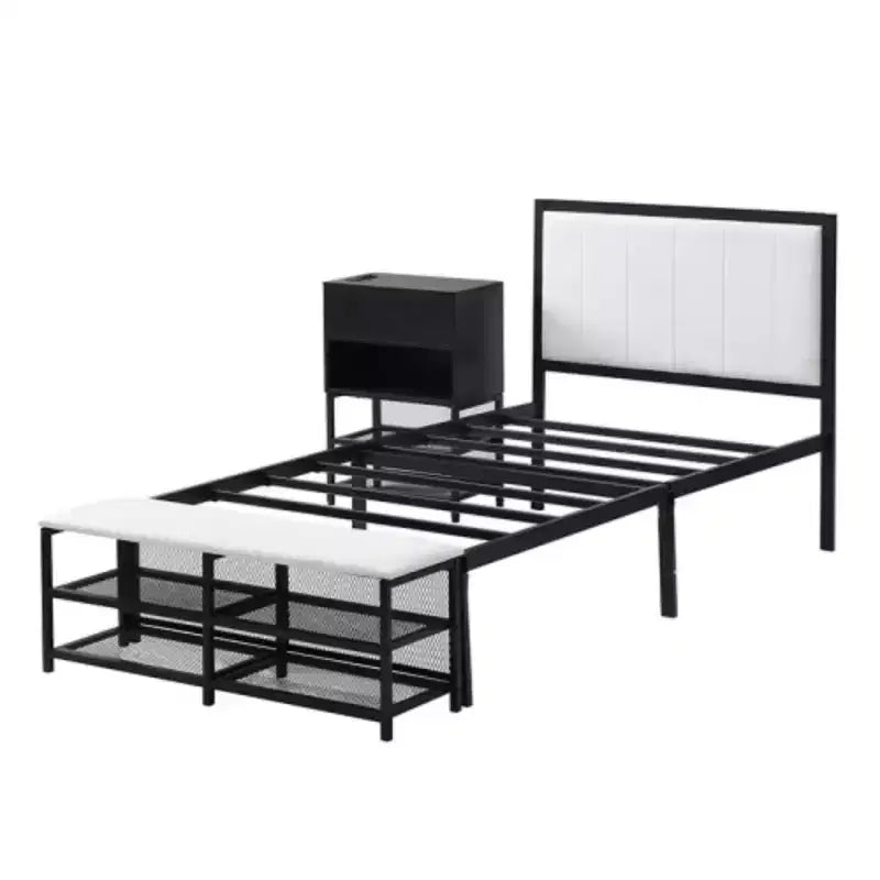 Twin-Size Metal Platform Bed with Dual-Level Storage Shelves and Wooden Storage Cabinet