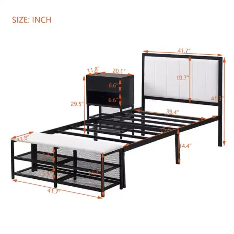 Twin-Size Metal Platform Bed with Dual-Level Storage Shelves and Wooden Storage Cabinet