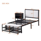 Twin-Size Metal Platform Bed with Dual-Level Storage Shelves and Wooden Storage Cabinet