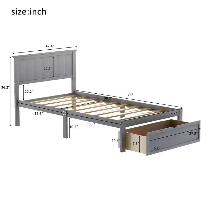 Whisen Wood Twin Size Platform Bed with Under-bed Drawer