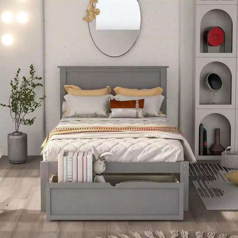 Whisen Wood Twin Size Platform Bed with Under-bed Drawer