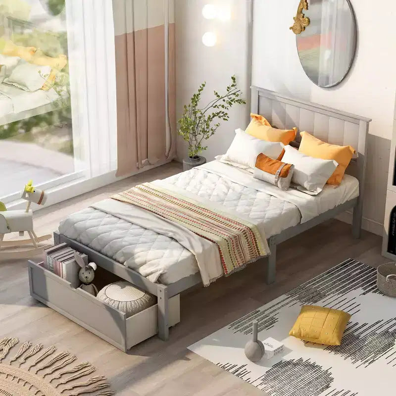 Whisen Wood Twin Size Platform Bed with Under-bed Drawer