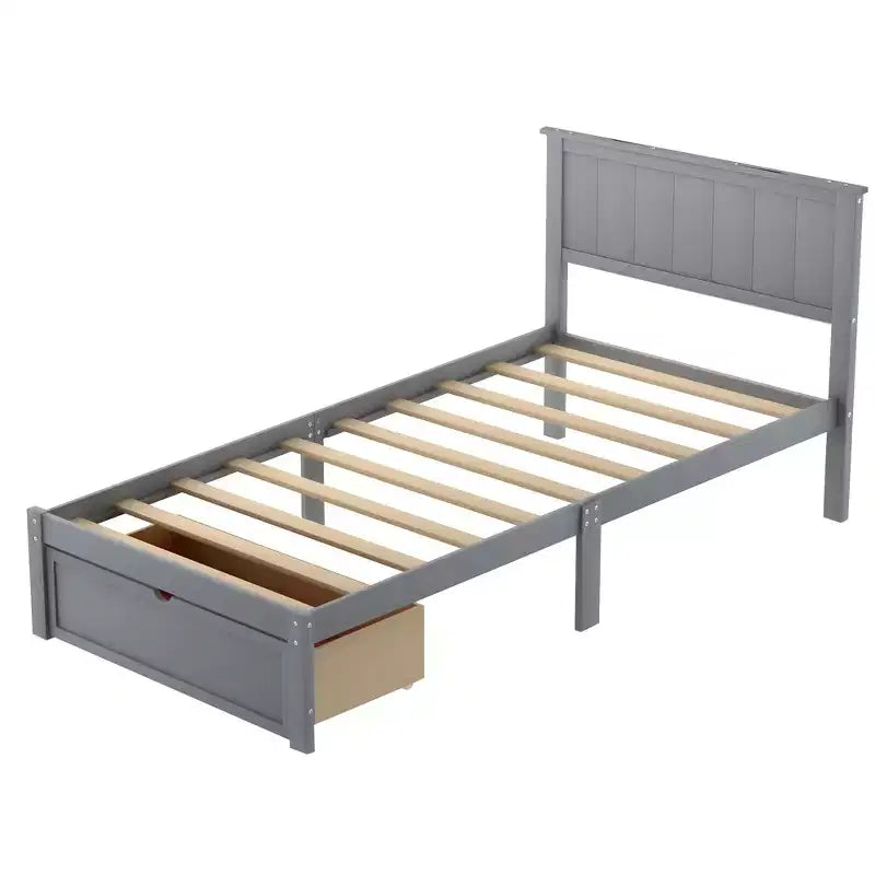 Whisen Wood Twin Size Platform Bed with Under-bed Drawer