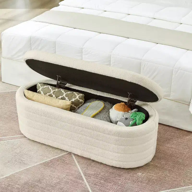 Zeus & Ruta Modern 43 in.W Oval Storage Ottoman End of Bed Stool Bench Upholstered with Safety Hinge-