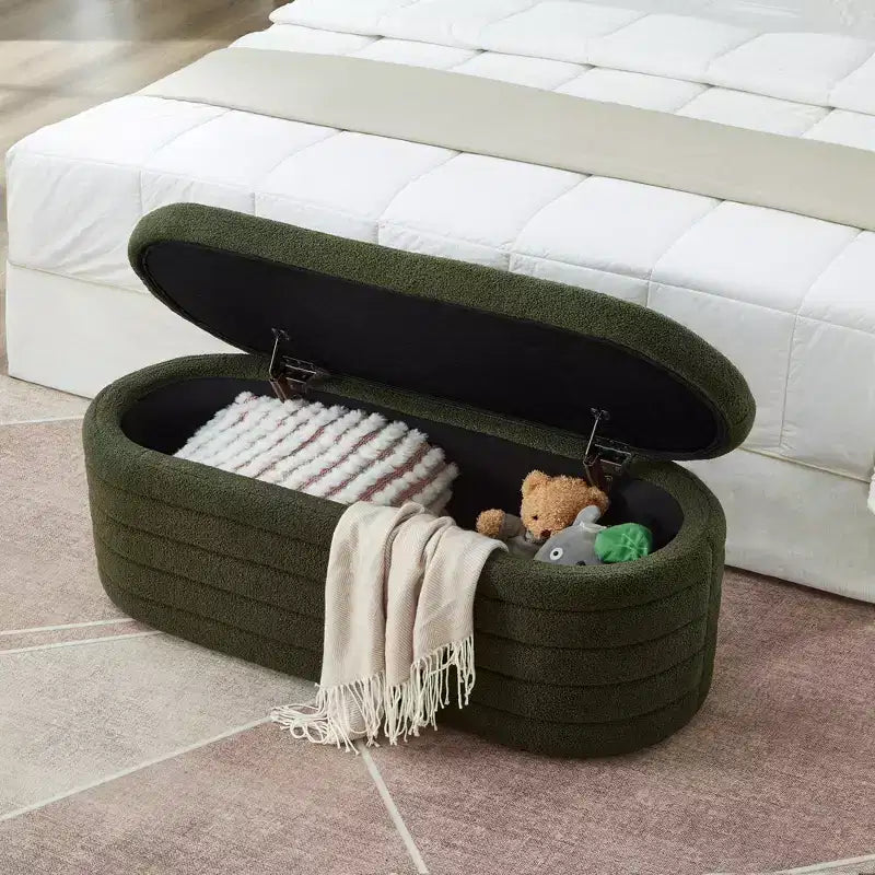 Zeus & Ruta Modern 43 in.W Oval Storage Ottoman End of Bed Stool Bench Upholstered with Safety Hinge-