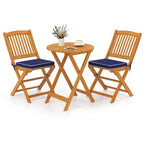 Costway 3 PCS Acacia Wood Patio Bistro Set Folding Table & Chairs Set with Cushions Beige/Navy
