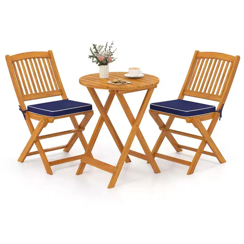 Costway 3 PCS Acacia Wood Patio Bistro Set Folding Table & Chairs Set with Cushions Beige/Navy