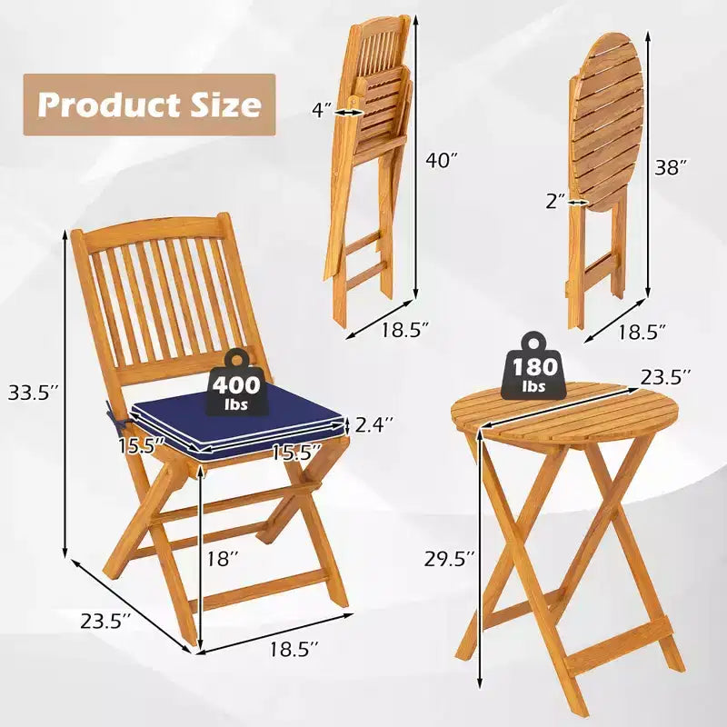 Costway 3 PCS Acacia Wood Patio Bistro Set Folding Table & Chairs Set with Cushions Beige/Navy