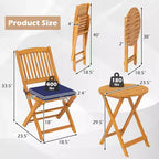 Costway 3 PCS Acacia Wood Patio Bistro Set Folding Table & Chairs Set with Cushions Beige/Navy