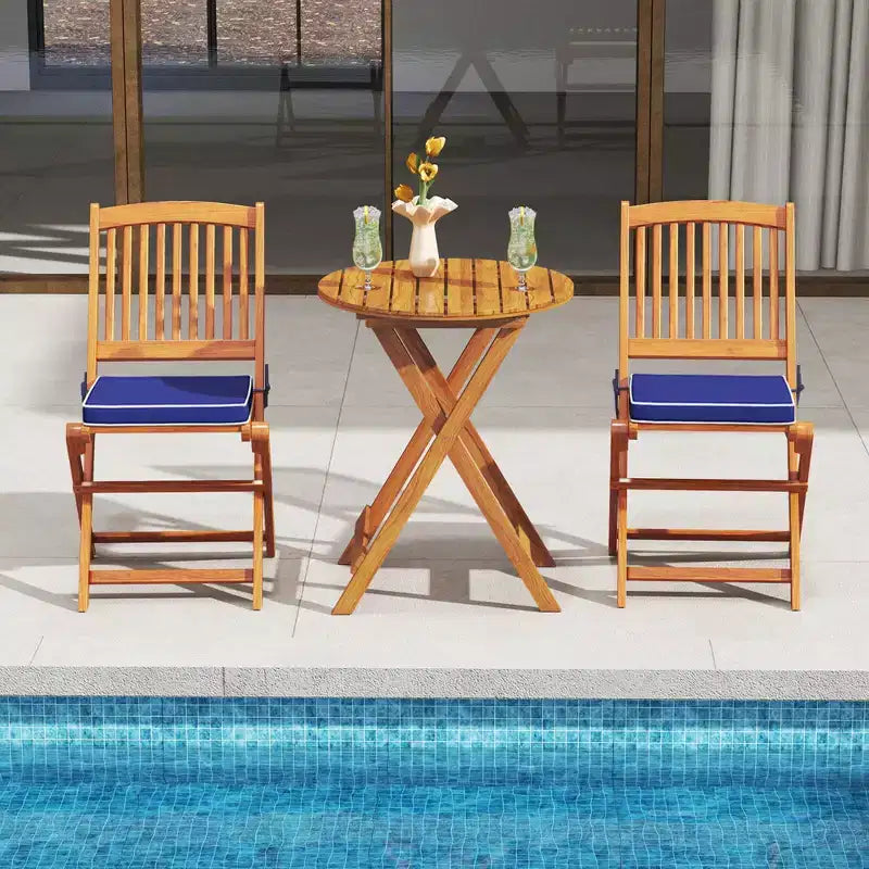 Costway 3 PCS Acacia Wood Patio Bistro Set Folding Table & Chairs Set with Cushions Beige/Navy