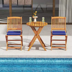 Costway 3 PCS Acacia Wood Patio Bistro Set Folding Table & Chairs Set with Cushions Beige/Navy