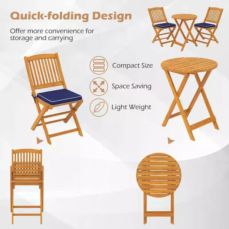Costway 3 PCS Acacia Wood Patio Bistro Set Folding Table & Chairs Set with Cushions Beige/Navy