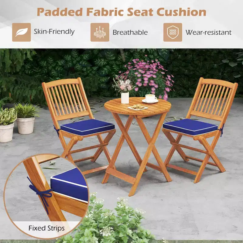Costway 3 PCS Acacia Wood Patio Bistro Set Folding Table & Chairs Set with Cushions Beige/Navy