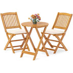 Costway 3 PCS Acacia Wood Patio Bistro Set Folding Table & Chairs Set with Cushions Beige/Navy