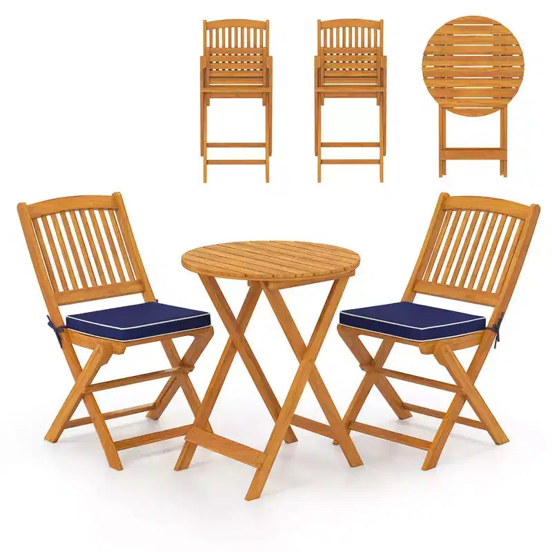Costway 3 PCS Acacia Wood Patio Bistro Set Folding Table & Chairs Set with Cushions Beige/Navy