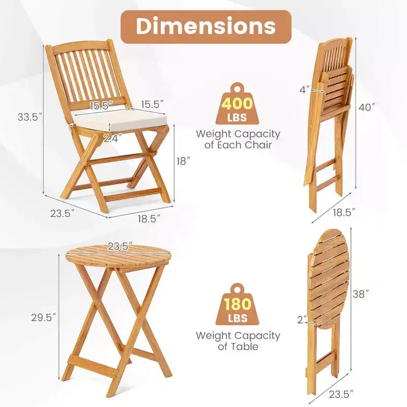Costway 3 PCS Acacia Wood Patio Bistro Set Folding Table & Chairs Set with Cushions Beige/Navy
