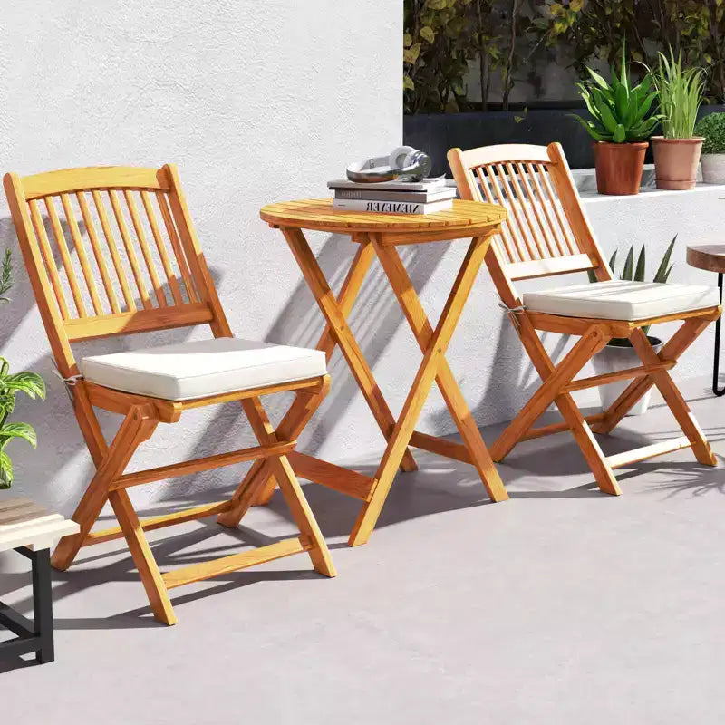 Costway 3 PCS Acacia Wood Patio Bistro Set Folding Table & Chairs Set with Cushions Beige/Navy