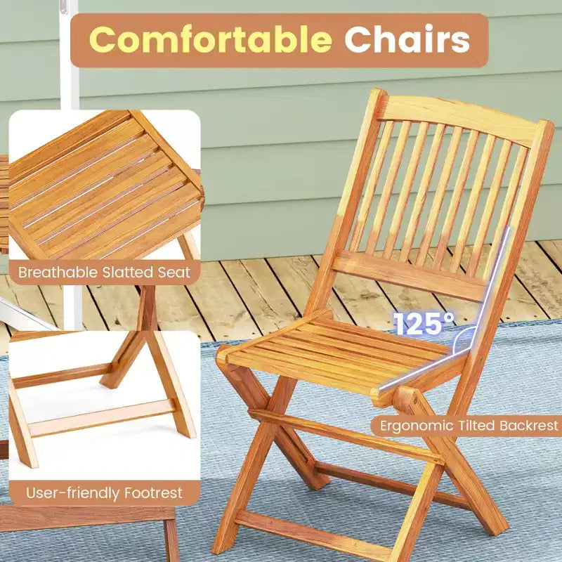 Costway 3 PCS Acacia Wood Patio Bistro Set Folding Table & Chairs Set with Cushions Beige/Navy