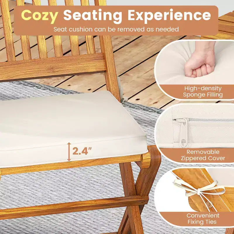 Costway 3 PCS Acacia Wood Patio Bistro Set Folding Table & Chairs Set with Cushions Beige/Navy