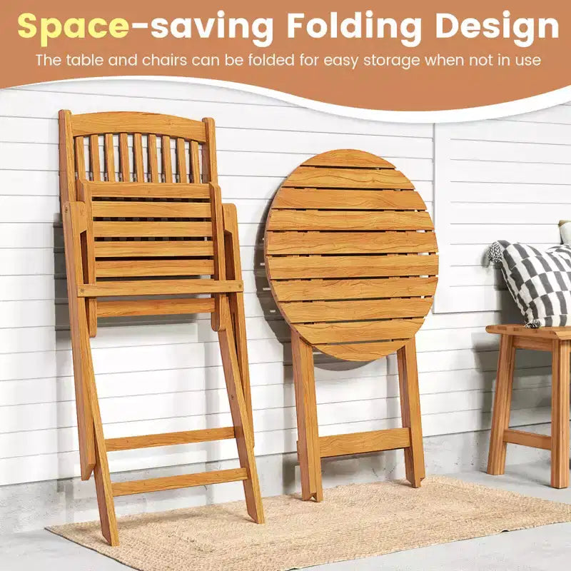Costway 3 PCS Acacia Wood Patio Bistro Set Folding Table & Chairs Set with Cushions Beige/Navy