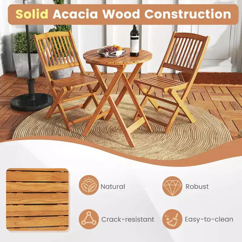 Costway 3 PCS Acacia Wood Patio Bistro Set Folding Table & Chairs Set with Cushions Beige/Navy