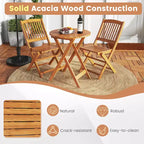 Costway 3 PCS Acacia Wood Patio Bistro Set Folding Table & Chairs Set with Cushions Beige/Navy