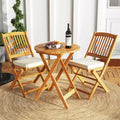 Costway 3 PCS Acacia Wood Patio Bistro Set Folding Table & Chairs Set with Cushions Beige/Navy