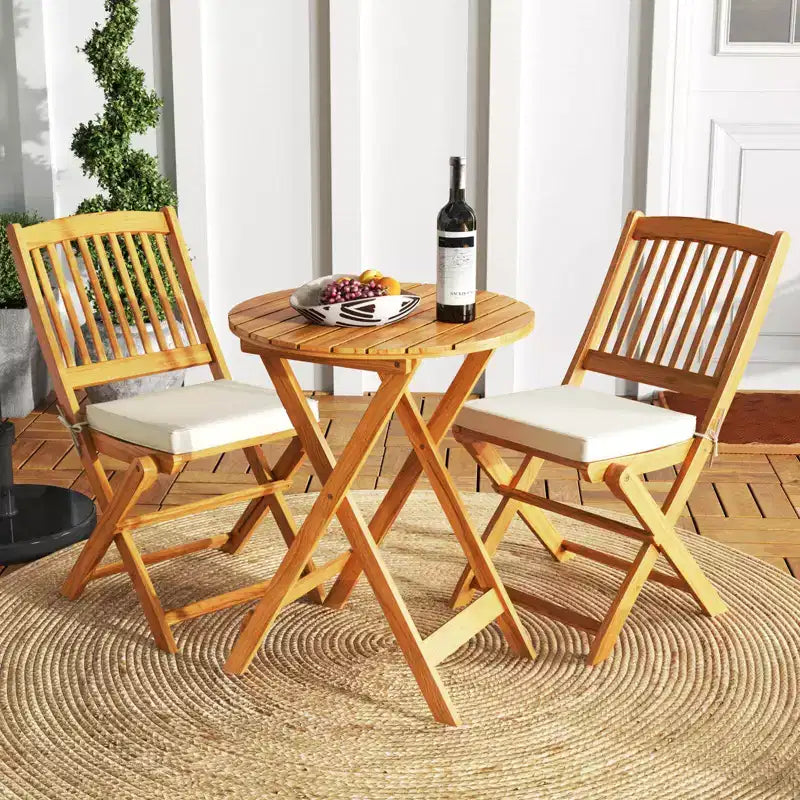 Costway 3 PCS Acacia Wood Patio Bistro Set Folding Table & Chairs Set with Cushions Beige/Navy
