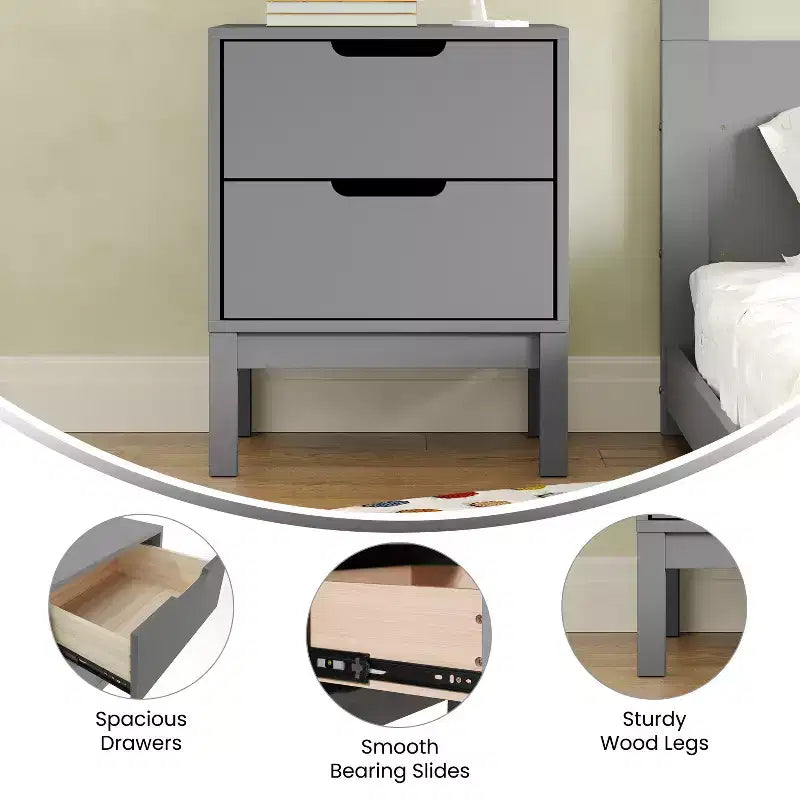 Flash Furniture Dallas Wooden Night Stand, Bedroom Side Table with 2 Storage Drawers for Kids
