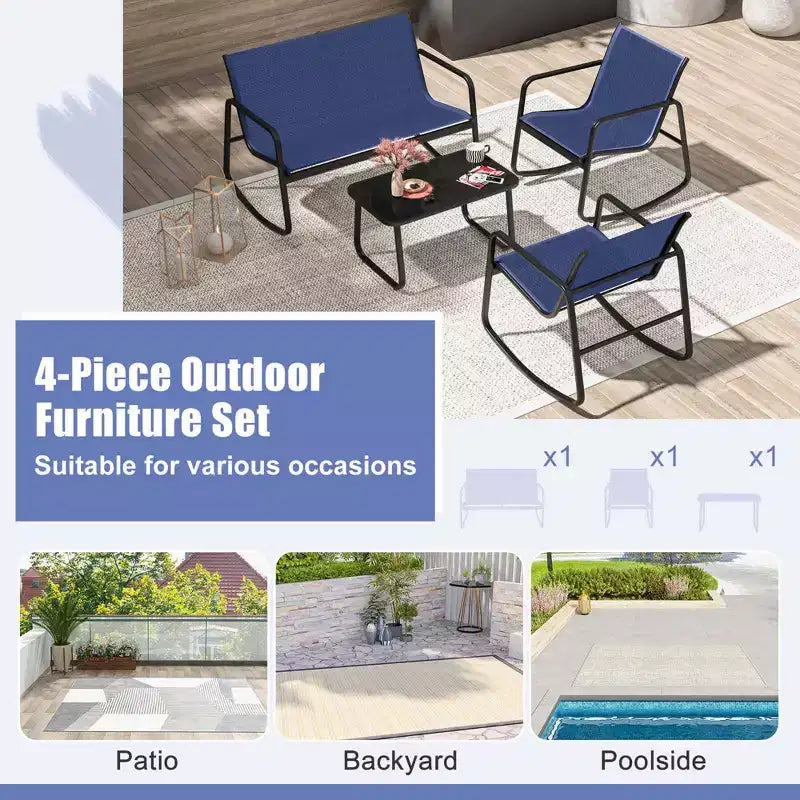Costway 4/8 PCS Patio Rocking Set 4 Rocking Chairs & Loveseat with Glass-Top Table Outdoor Navy