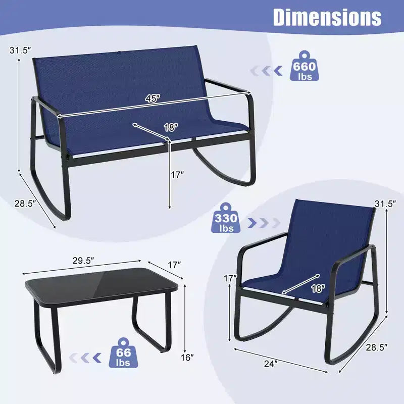 Costway 4/8 PCS Patio Rocking Set 4 Rocking Chairs & Loveseat with Glass-Top Table Outdoor Navy