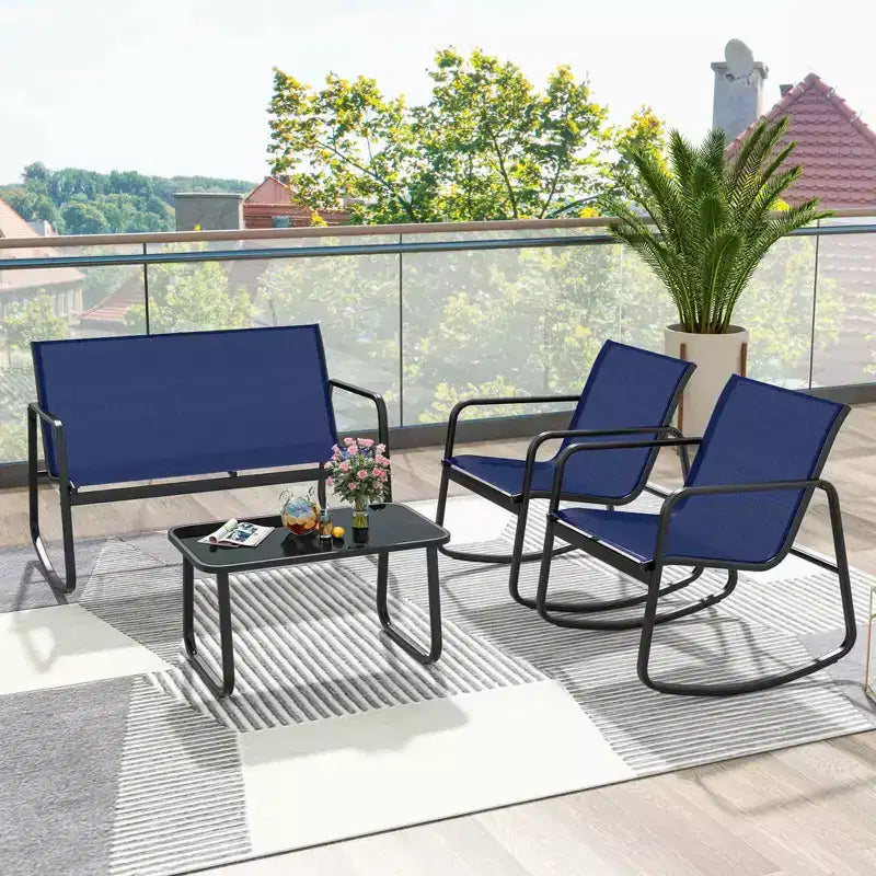 Costway 4/8 PCS Patio Rocking Set 4 Rocking Chairs & Loveseat with Glass-Top Table Outdoor Navy