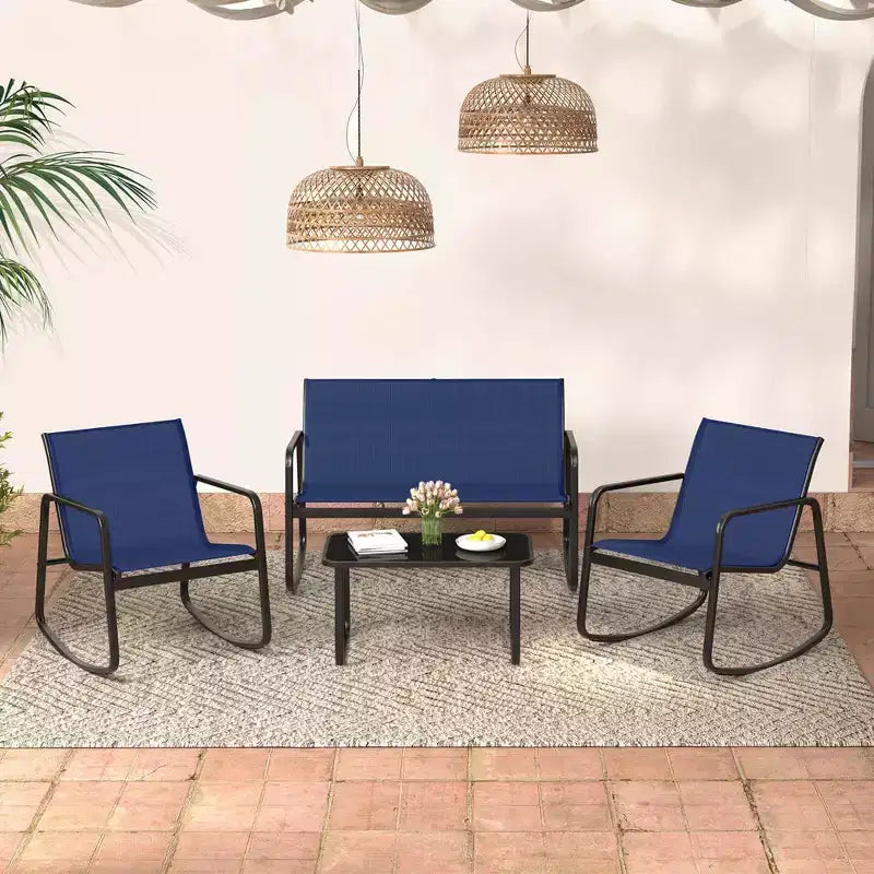Costway 4/8 PCS Patio Rocking Set 4 Rocking Chairs & Loveseat with Glass-Top Table Outdoor Navy