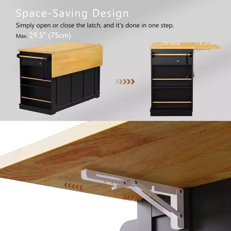 Kitchen Island with Drop Leaf, Power Outlet, Door Storage, Rolling Cart on 5 Wheels with 5 Open Side Racks for Kitchen & Dining Room.