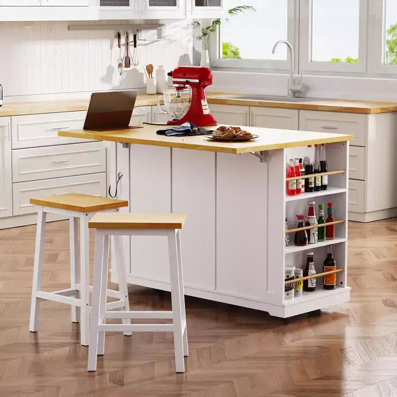 Kitchen Island with Drop Leaf, Power Outlet, Door Storage, Rolling Cart on 5 Wheels with 5 Open Side Racks for Kitchen & Dining Room.