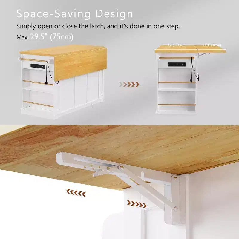 Kitchen Island with Drop Leaf, Power Outlet, Door Storage, Rolling Cart on 5 Wheels with 5 Open Side Racks for Kitchen & Dining Room.