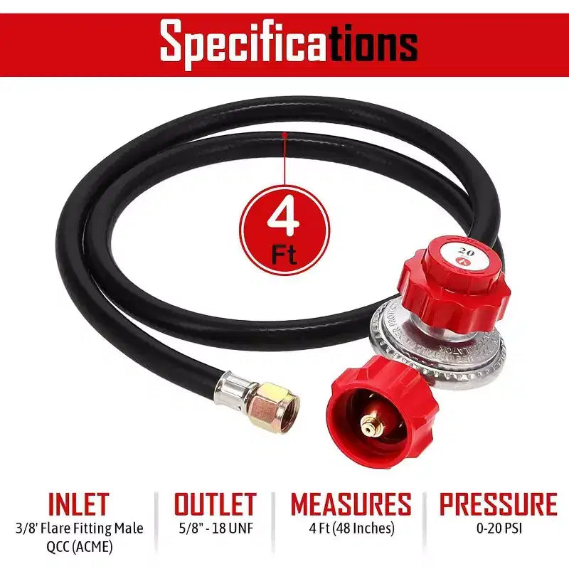 GasOne Propane Regulator 4 ft High Pressure 0-20 PSI Adjustable Regulator with hose QCC-1 type, Red