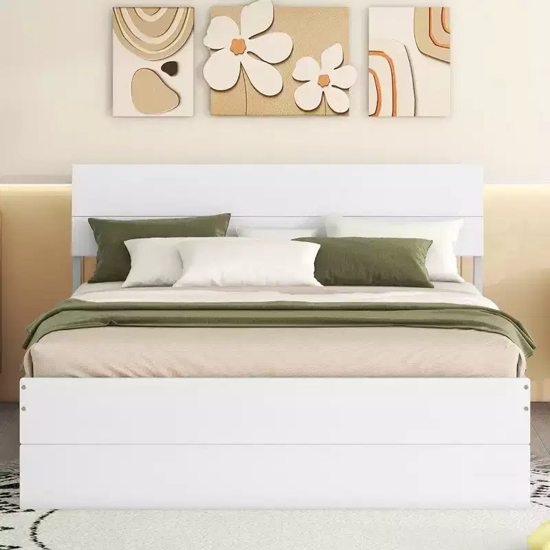 Whisen Modern Twin Bed Frame For White High Gloss Headboard and Footboard with Trundle or Drawers, Space-Saving Design