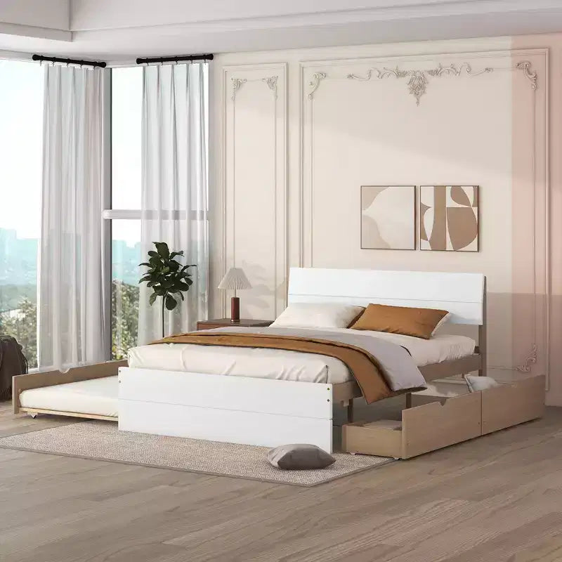 Whisen Modern Twin Bed Frame For White High Gloss Headboard and Footboard with Trundle or Drawers, Space-Saving Design