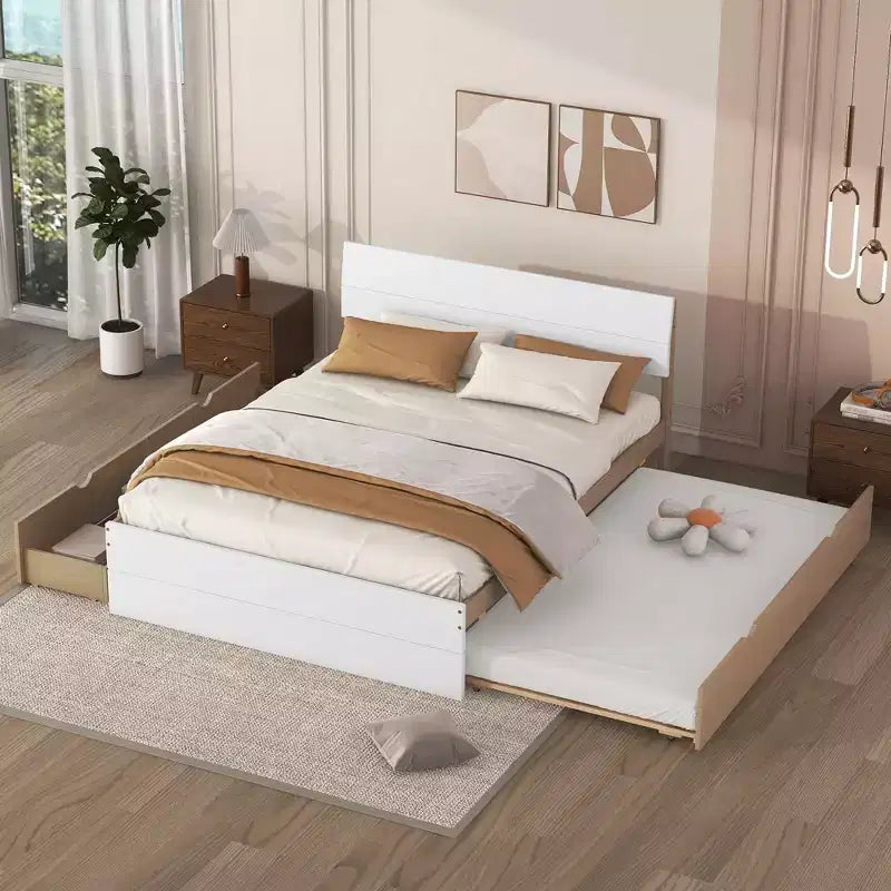 Whisen Modern Twin Bed Frame For White High Gloss Headboard and Footboard with Trundle or Drawers, Space-Saving Design