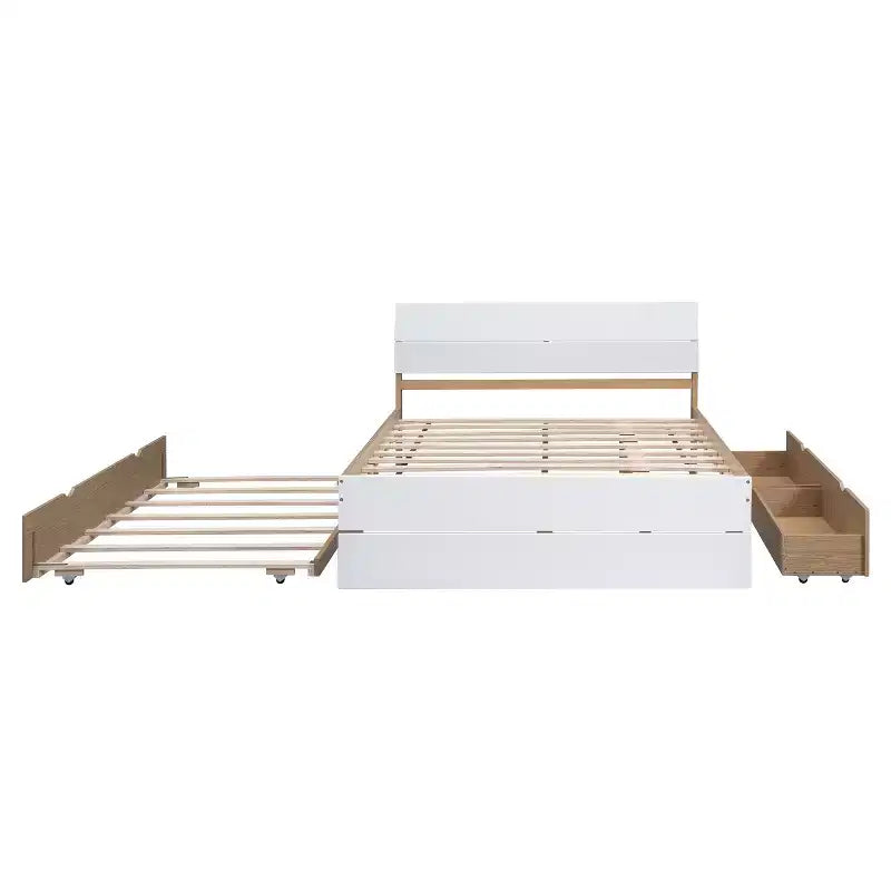 Whisen Modern Twin Bed Frame For White High Gloss Headboard and Footboard with Trundle or Drawers, Space-Saving Design