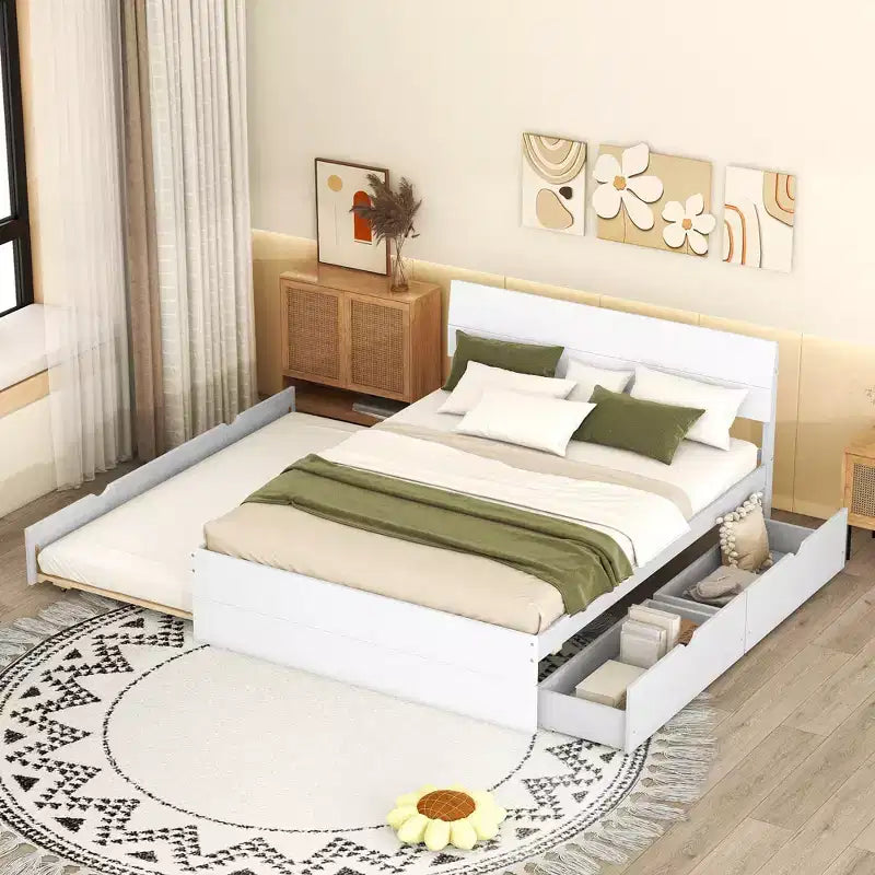 Whisen Modern Twin Bed Frame For White High Gloss Headboard and Footboard with Trundle or Drawers, Space-Saving Design