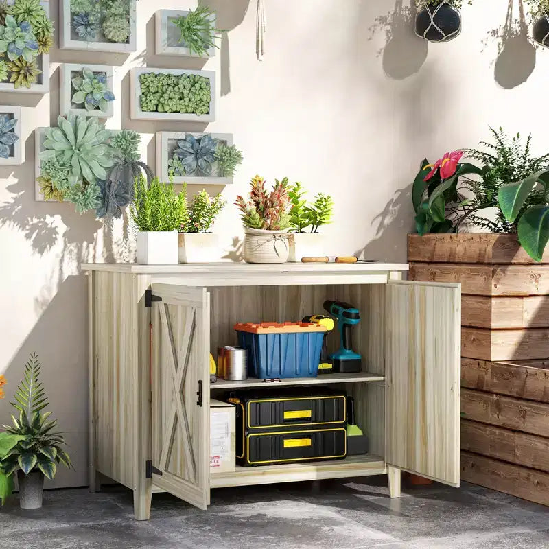 Outsunny Wood Outdoor Storage Cabinet, Compact Garden Shed Potting Shed with Shelf and Double Doors
