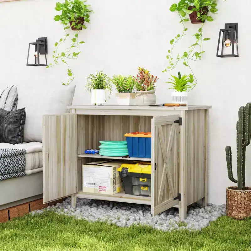 Outsunny Wood Outdoor Storage Cabinet, Compact Garden Shed Potting Shed with Shelf and Double Doors