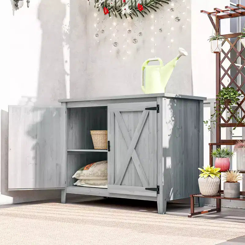 Outsunny Wood Outdoor Storage Cabinet, Compact Garden Shed Potting Shed with Shelf and Double Doors